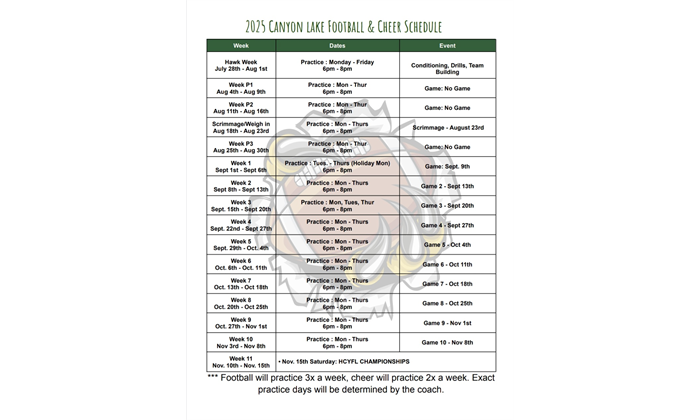 Preliminary Practice Schedule