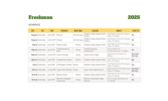 Freshman Football Schedule