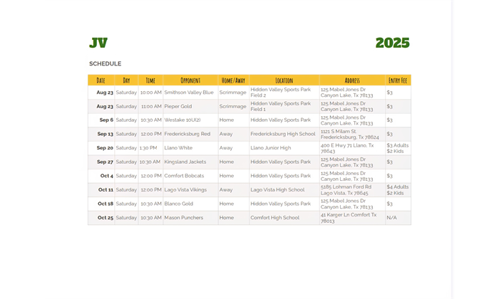 JV Football Schedule