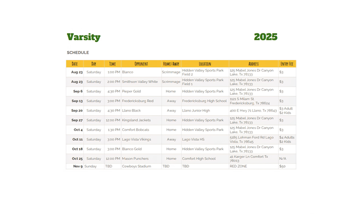 Varsity Football Schedule